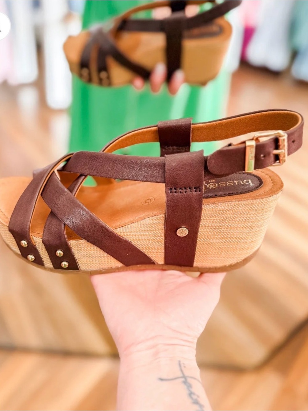 bussola Brown Strappy Wedge Sandals with Stud Detail